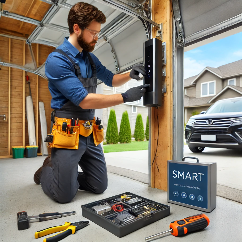 A professional garage technician installing a smart garage door opener in a modern garage in a suburban neighborhood.