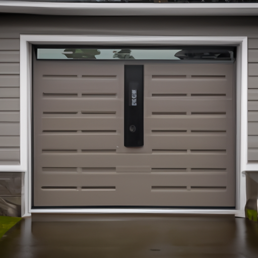 Modern sectional garage door with weather seals and a smart keypad on a University Place, WA suburban home under overcast sky.