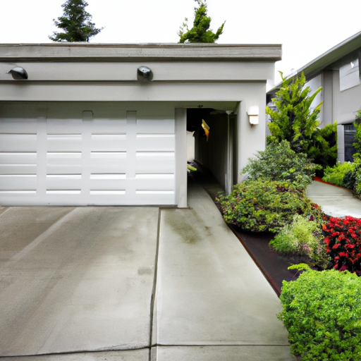 Suburban University Place garage with sectional door, damp driveway, and Pacific Northwest landscaping on an overcast day.