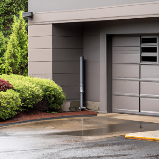 Suburban University Place garage exterior with a modern sectional door slightly open on an overcast day.