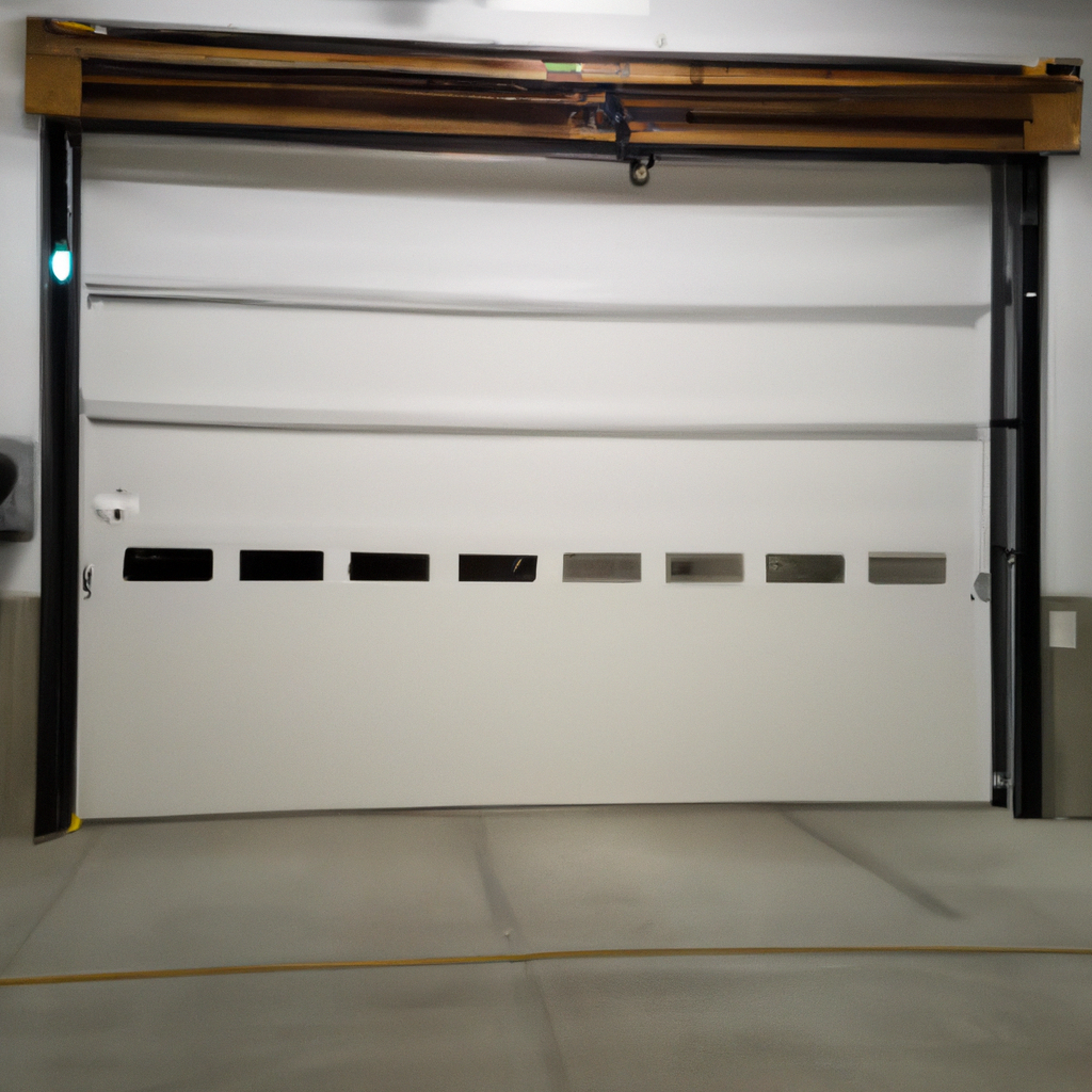 Commercial garage door with visible tracks and opener mechanism at a business facility in University Place, WA