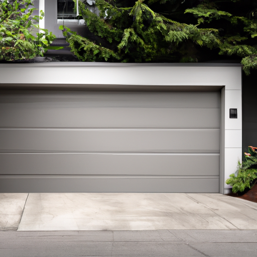 Modern gray paneled garage door on a residential home in University Place, WA with coastal trees and driveway in soft daylight.