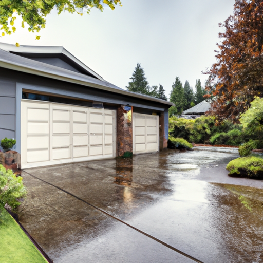 Sectional garage door slightly open on a wet driveway in University Place, WA under overcast sky.