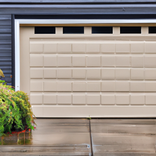 Closed insulated garage door on a suburban home in University Place, WA, showing weatherstripping and hardware under overcast light.