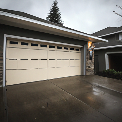 Suburban University Place home with residential garage door and opener visible, overcast sky, wet driveway.