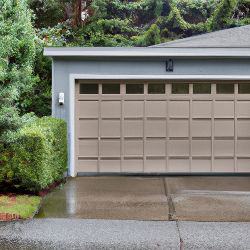 Suburban home in University Place, WA with a modern closed garage door, wet driveway and coastal evergreens in background.