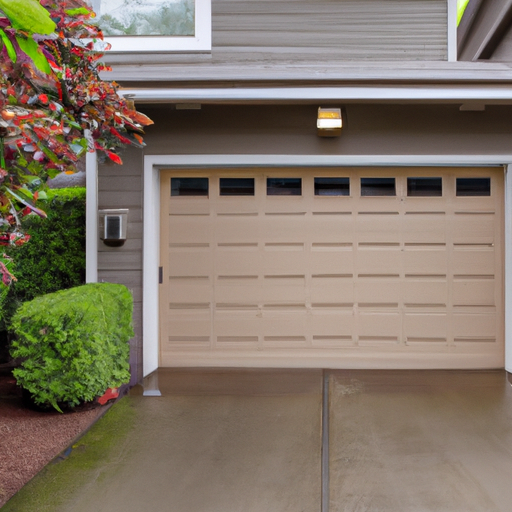 Residential garage door on a cloudy day in a University Place, WA neighborhood with wet pavement and evergreen landscaping.