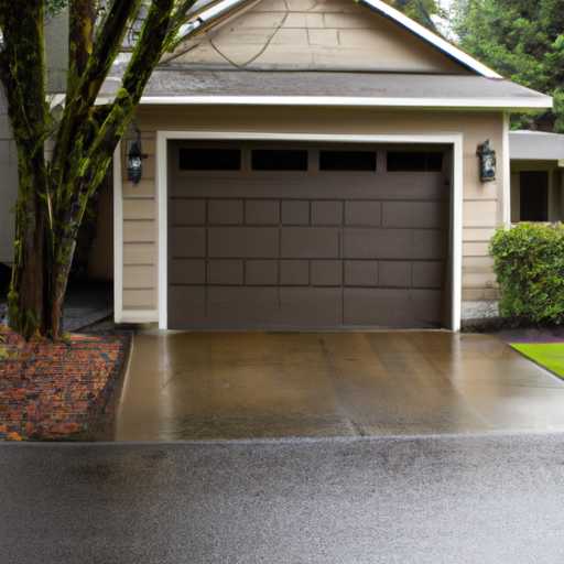 Residential garage door on a wet driveway in University Place, WA under soft overcast light.
