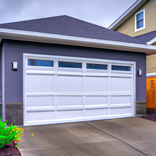 Sectional garage door on a suburban University Place home with visible weatherstripping and tracks, overcast Pacific Northwest light.