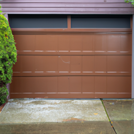 Closed modern paneled garage door on a wet driveway with cedar siding and damp Puget Sound–area greenery.