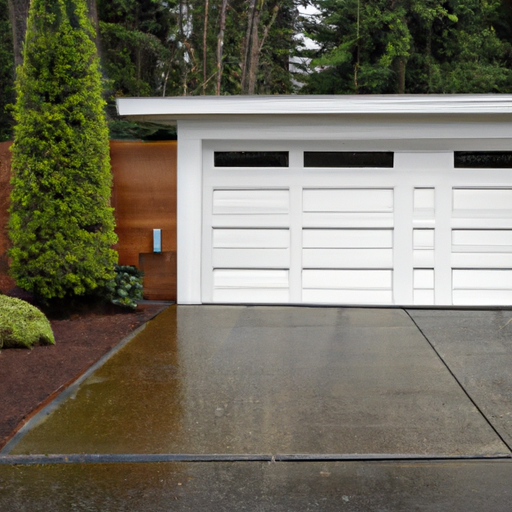 Modern white insulated garage door on a well-kept University Place home with evergreen backdrop and overcast Pacific Northwest sky.
