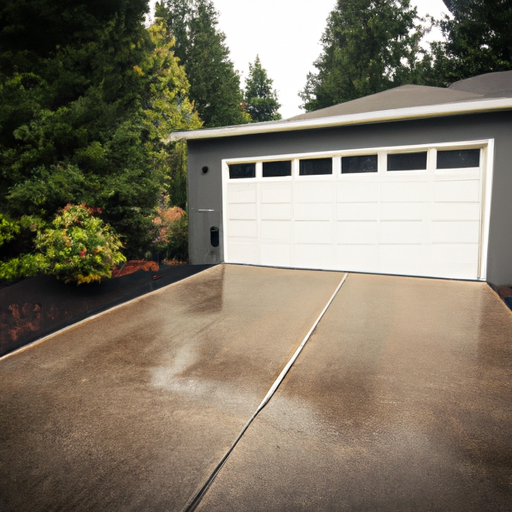 Suburban University Place home with a modern garage door on a wet driveway, evergreen trees and soft overcast light.