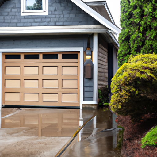 Residential garage door on a suburban University Place home with wet pavement and coastal Pacific Northwest light.