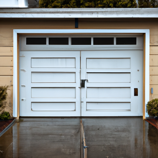 Overcast University Place garage with visible bottom seal and threshold, wet driveway and coastal vegetation