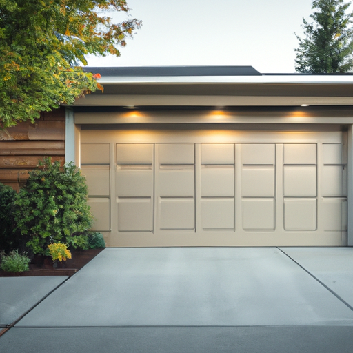 Insulated steel garage door on a suburban house in University Place, WA, with weather seal and driveway visible.
