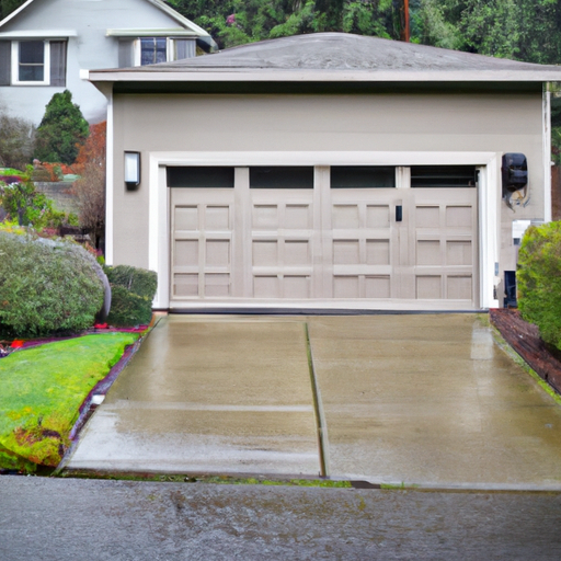 Closed modern sectional garage door on a suburban University Place home with wet driveway and visible hardware.