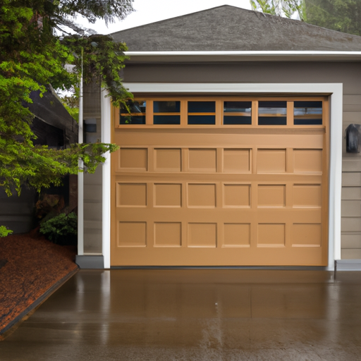 Overcast editorial photo of a closed modern garage door on a University Place home with wet driveway and trees.