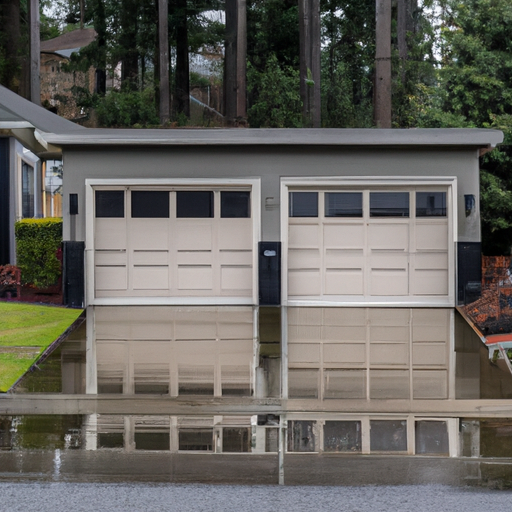 Overcast University Place street with a modern sectional garage door slightly open and wet driveway, evergreen trees in the background.