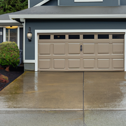 Suburban home in University Place, WA with a sectional garage door showing weatherstripping and a sealed threshold on an overcast day.