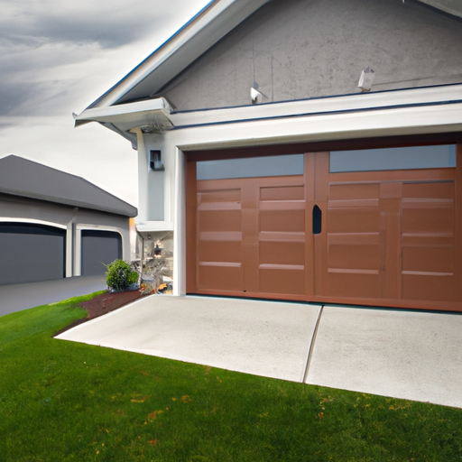 New sectional garage door on a two-car home in University Place, WA, slightly open showing hardware and weather seal.