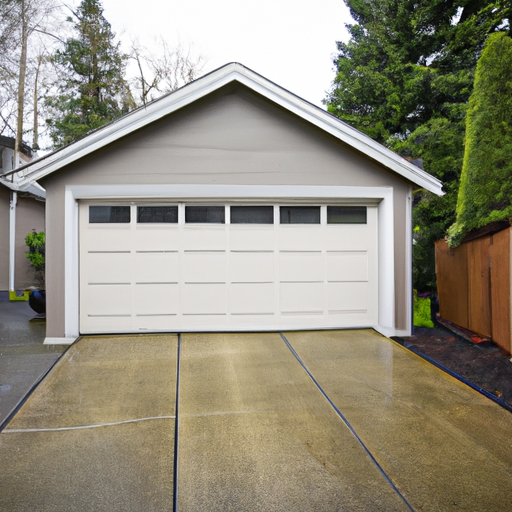 Suburban University Place home with a modern insulated garage door closed on a wet driveway under an overcast sky.
