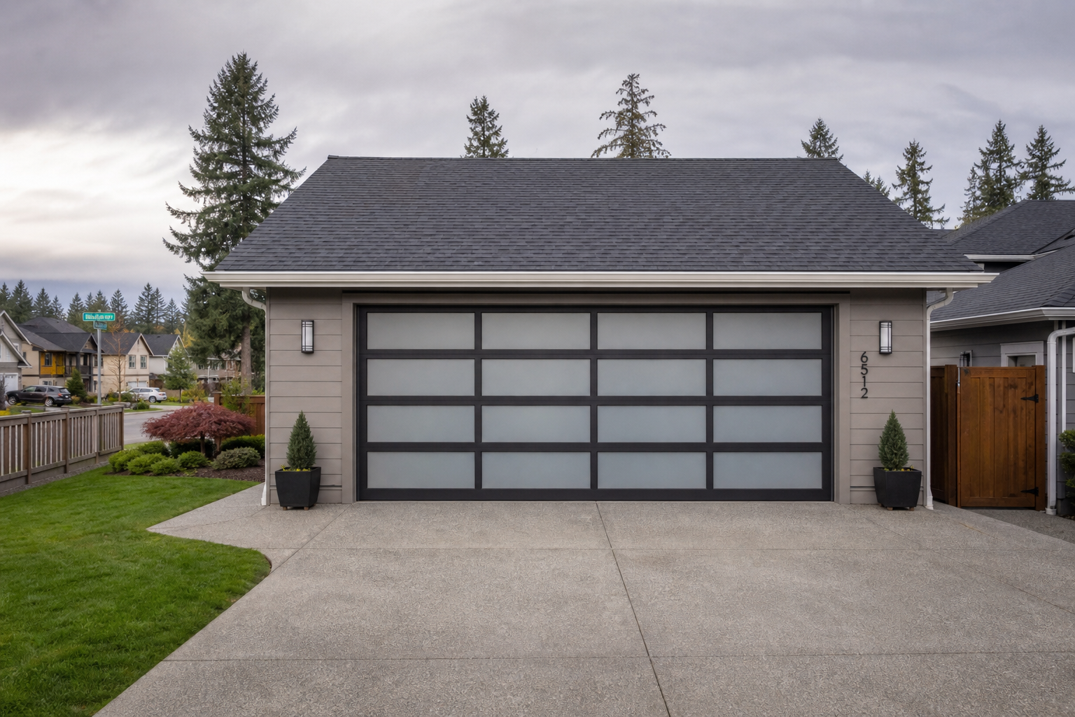 Suburban home with a modern garage door in University Place, WA
